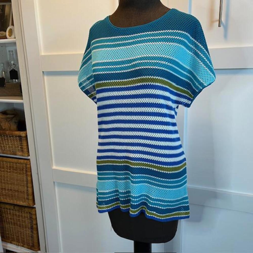 Tommy Bahama Blue Teal Striped Scoop Neck Sweater